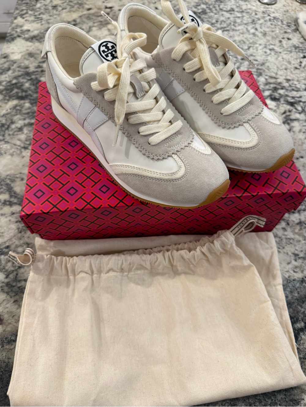 Tory Burch Neutral Suede & Leather Runner Sneakers